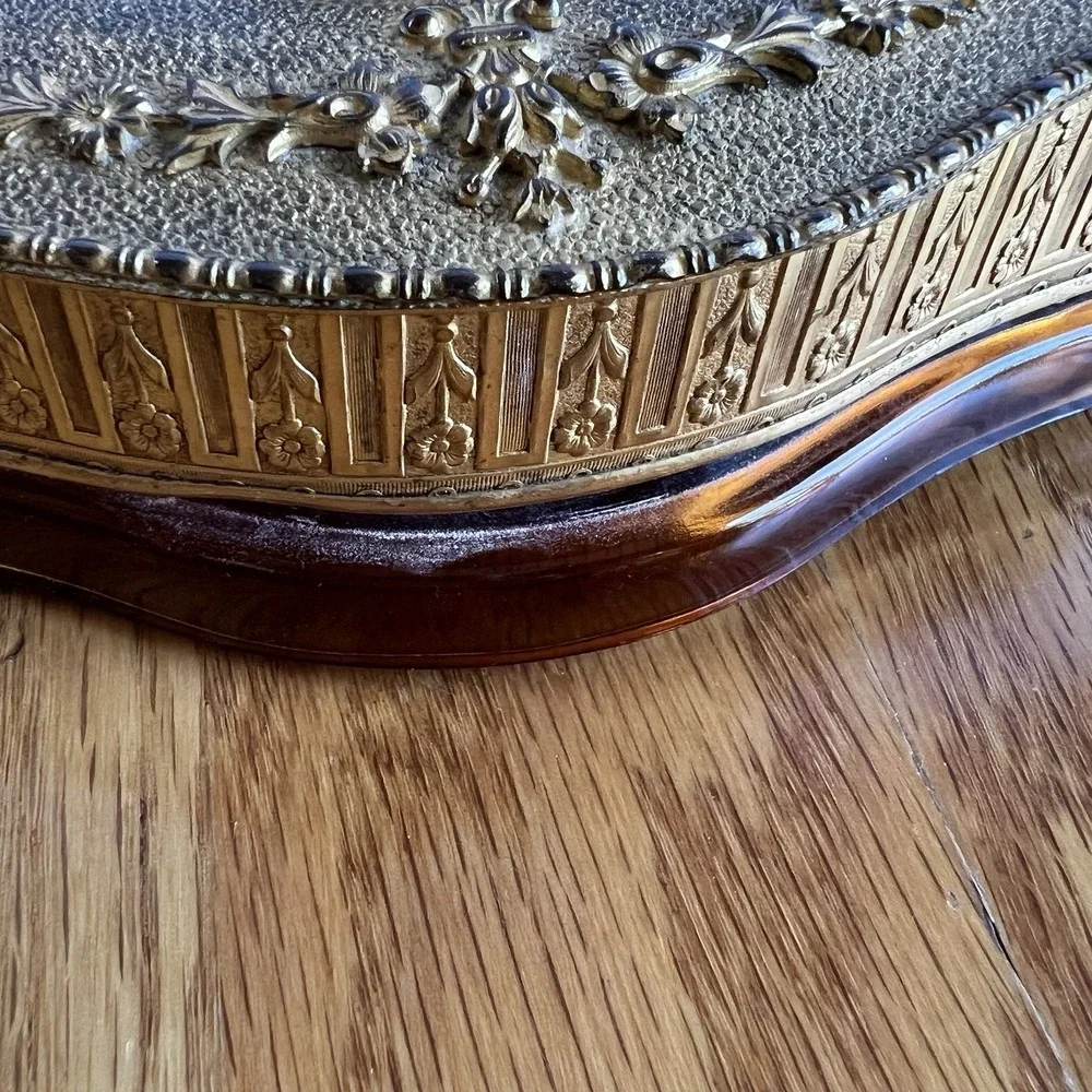 Apollo Studios Antique 24k Gold Amber Glass Vanity Compact Powder‎ Box